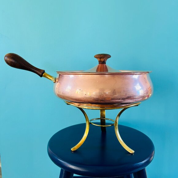 Vintage MCM Copper & Brass Skillet Dish Set - Picture 3 of 13